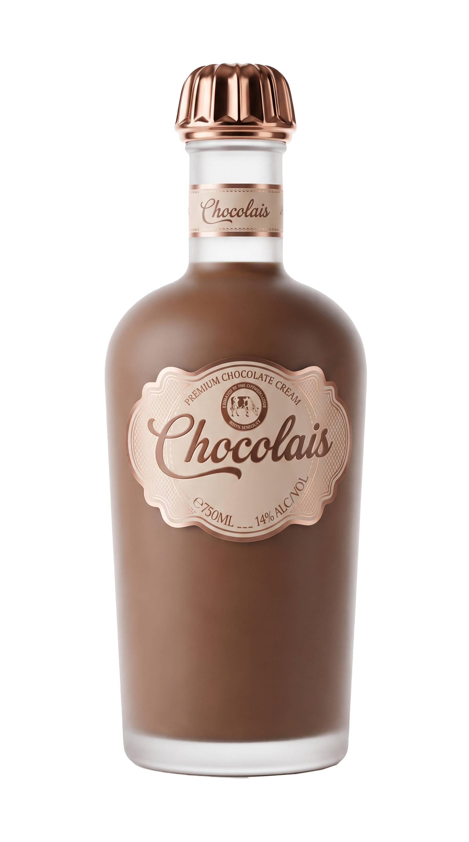 Chocolais-fles met etiket en koperkleurige bundtcake-dop op witte achtergrond