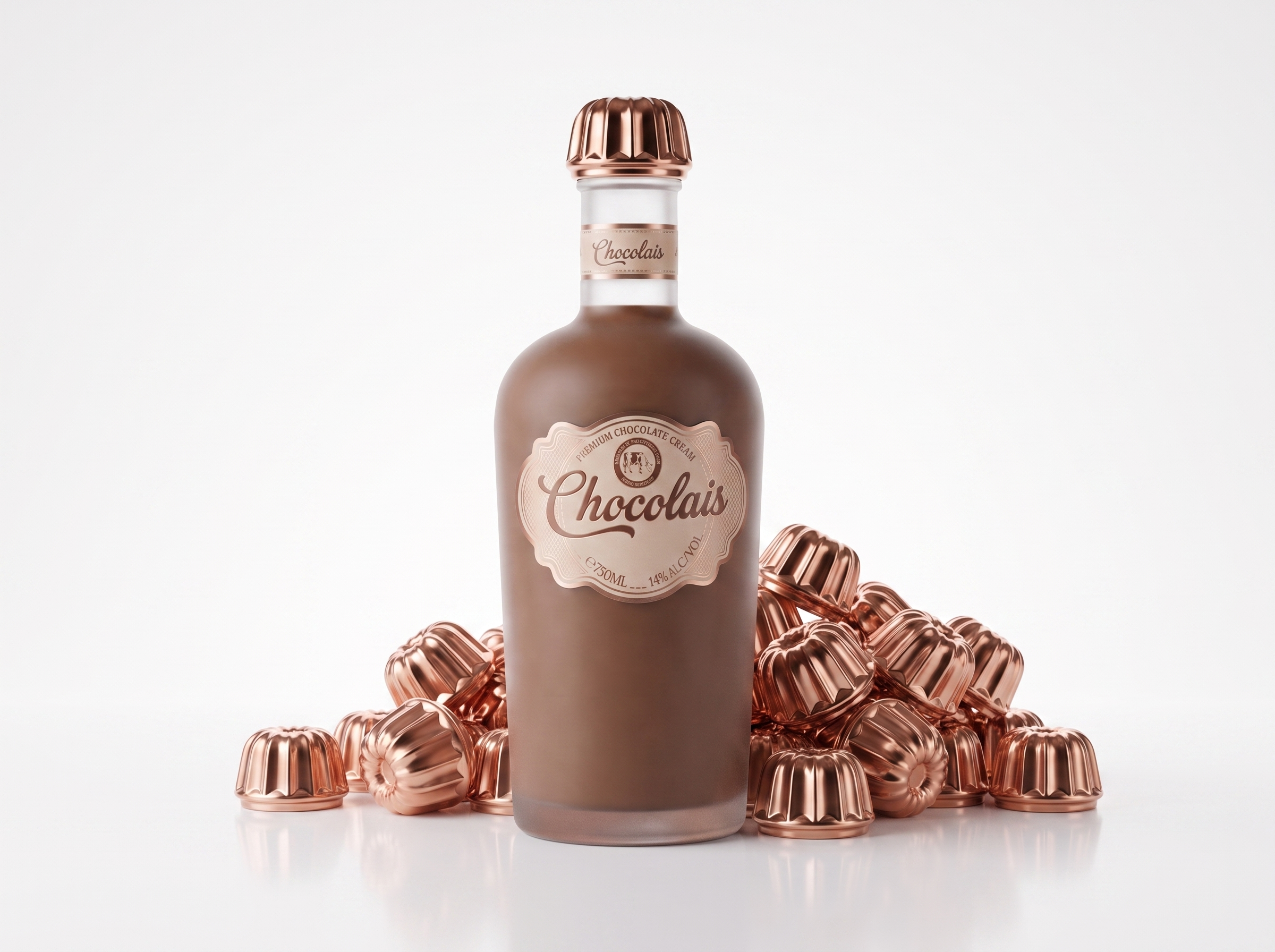 Chocolais-fles met koperkleurige bundtcake-dop tussen een stapel koperen bundtcake-vormpjes